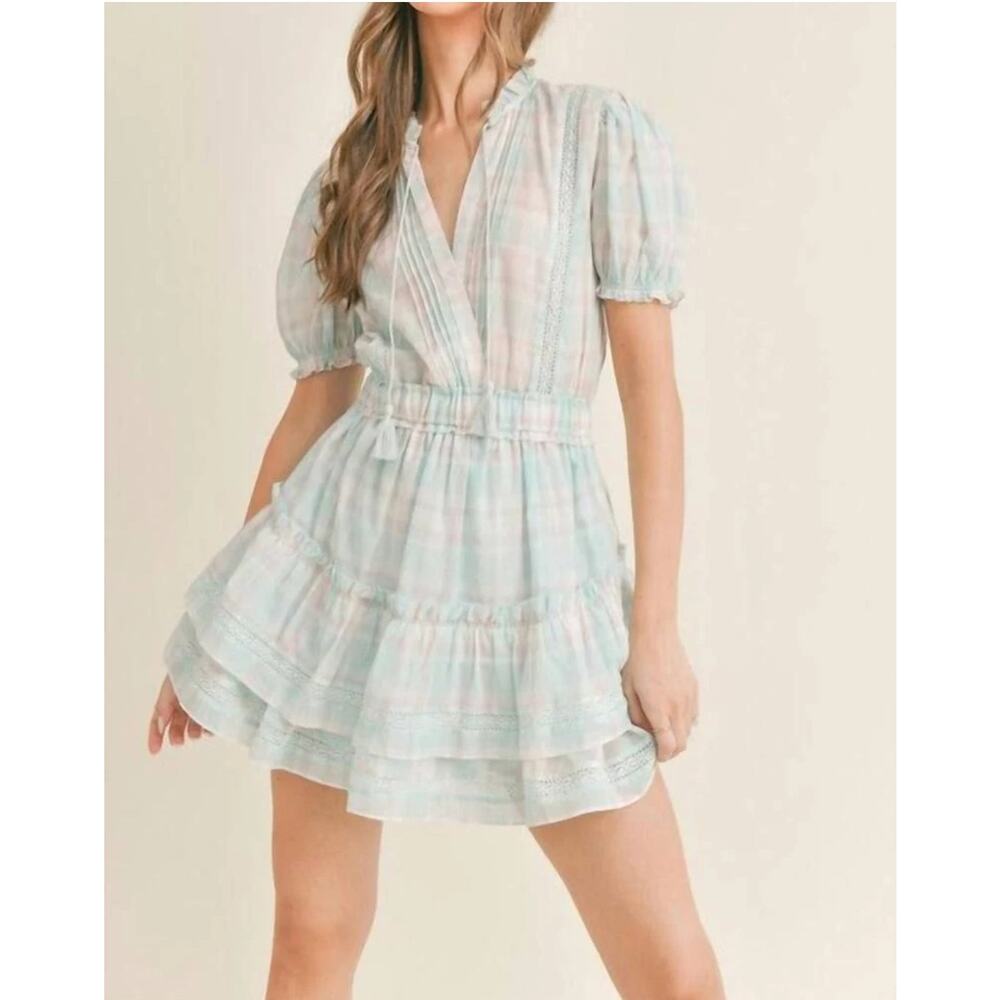 Mable Aerie Plaid Puff Sleeve Ruffle Mini Dress Preppy Blue White Size Small‎